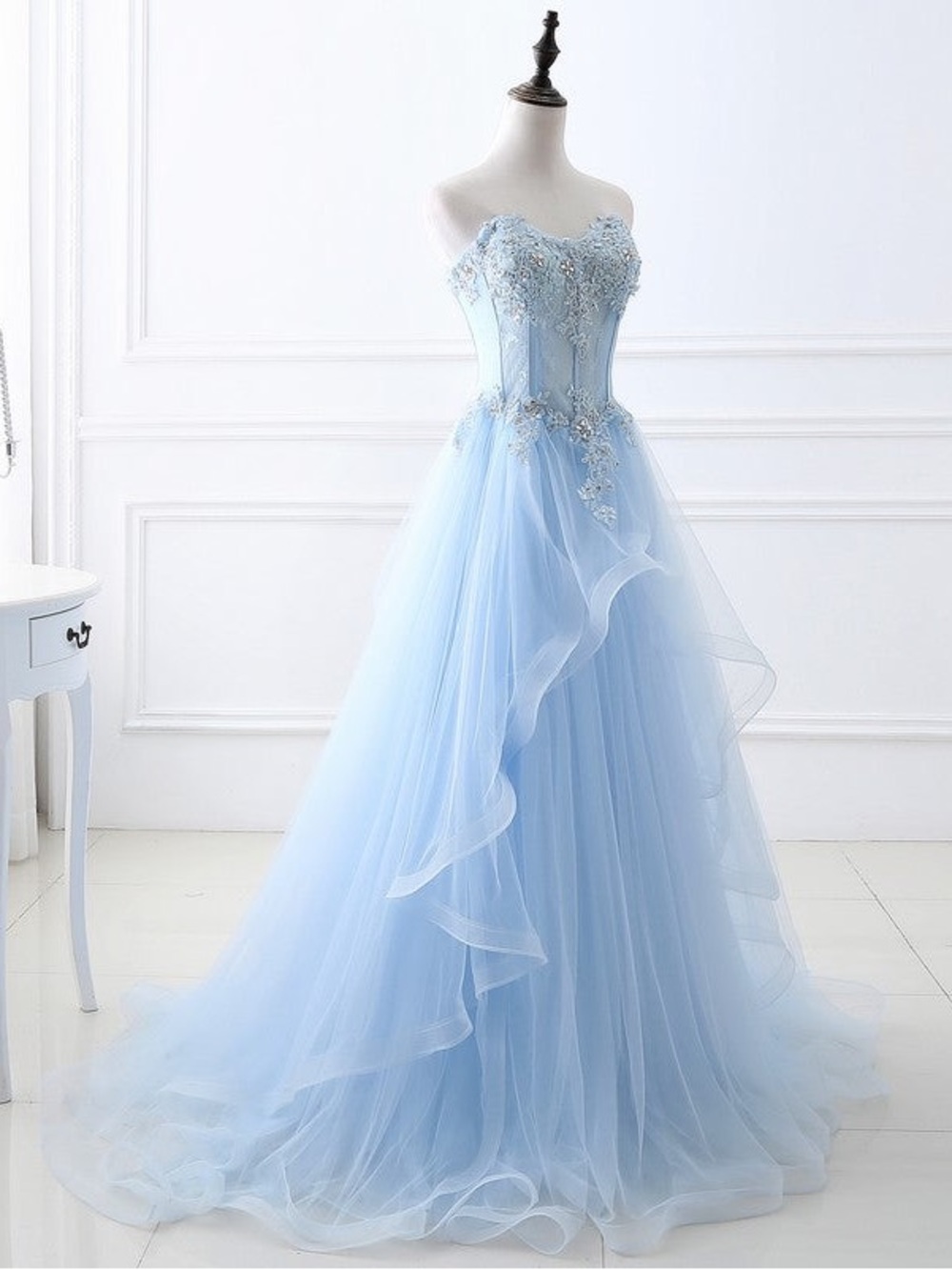 Strapless Light Blue Tulle Evening Gown - Picture 2 of 4